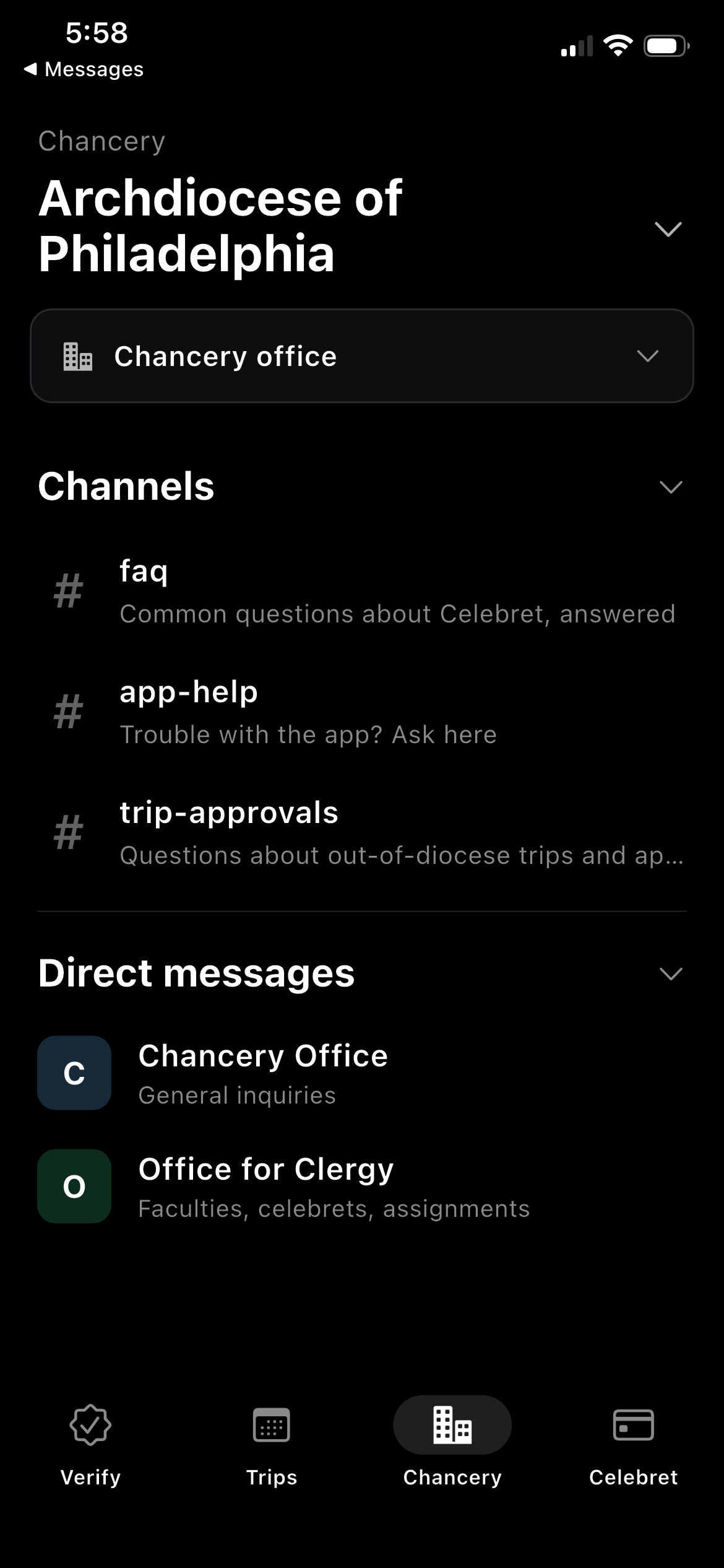 Chancery tab — collapsible office card and Slack-style chancery support