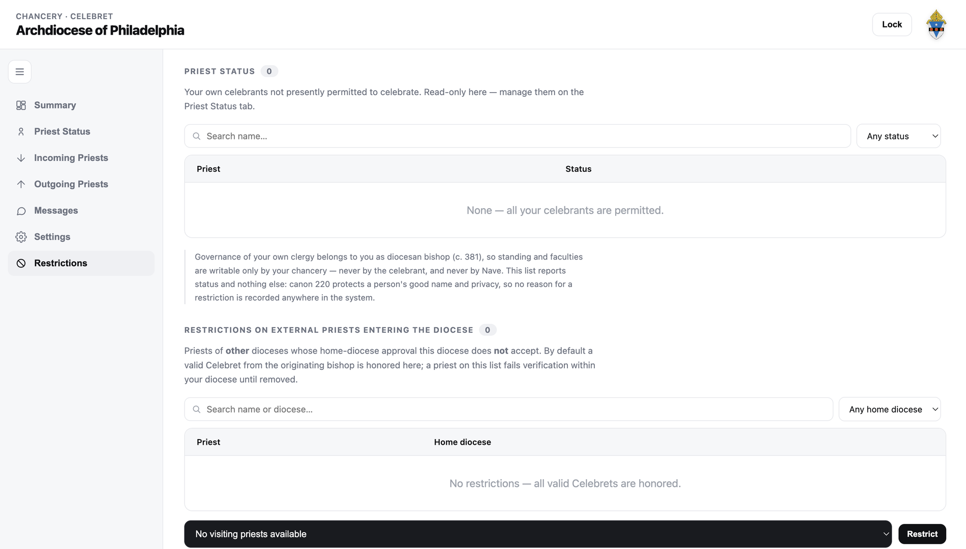 Chancery dashboard — own celebrants not permitted, and external priests refused entry to the diocese