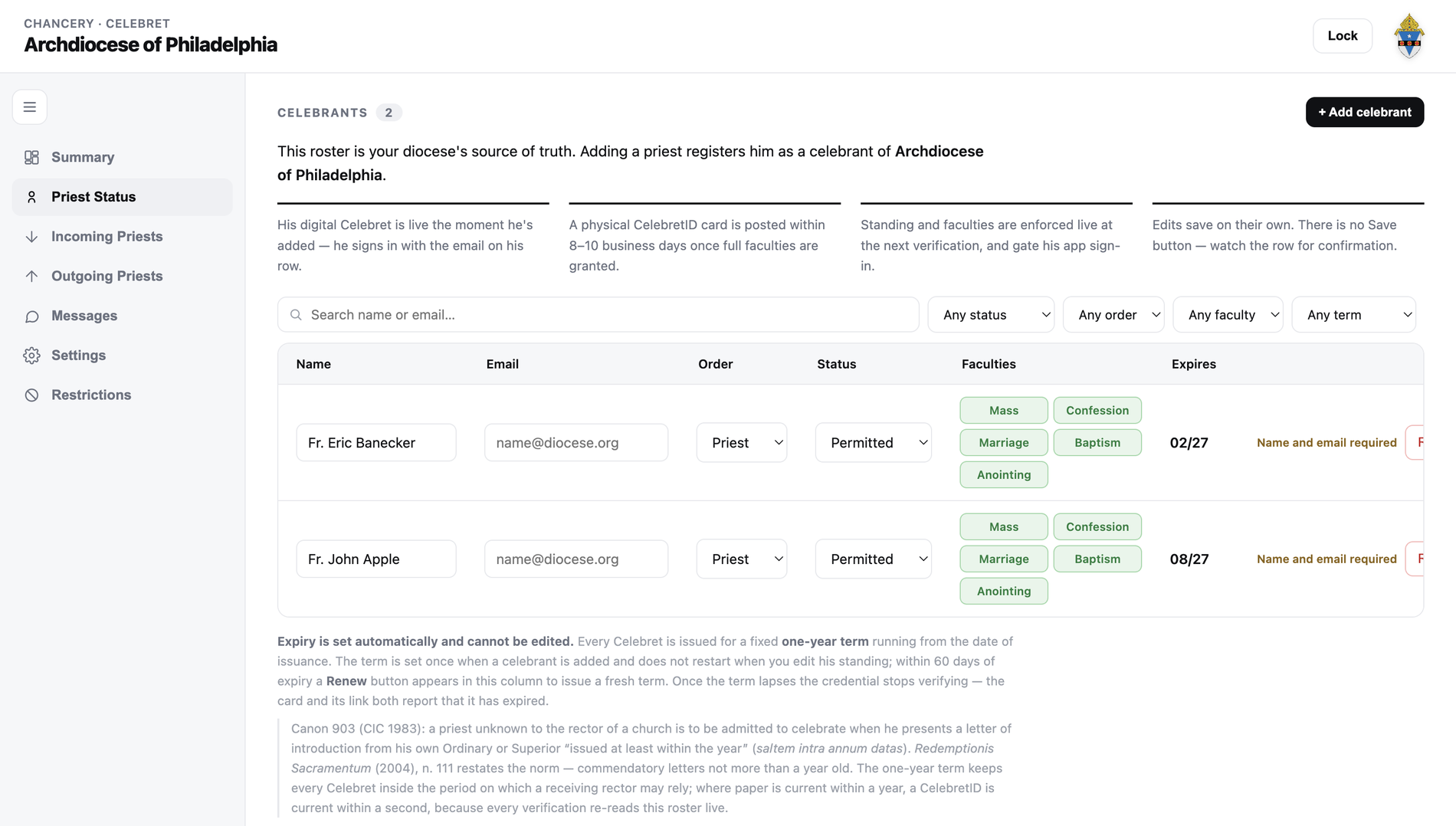 Chancery dashboard — Priest Status: the roster, with order, standing, faculties and term