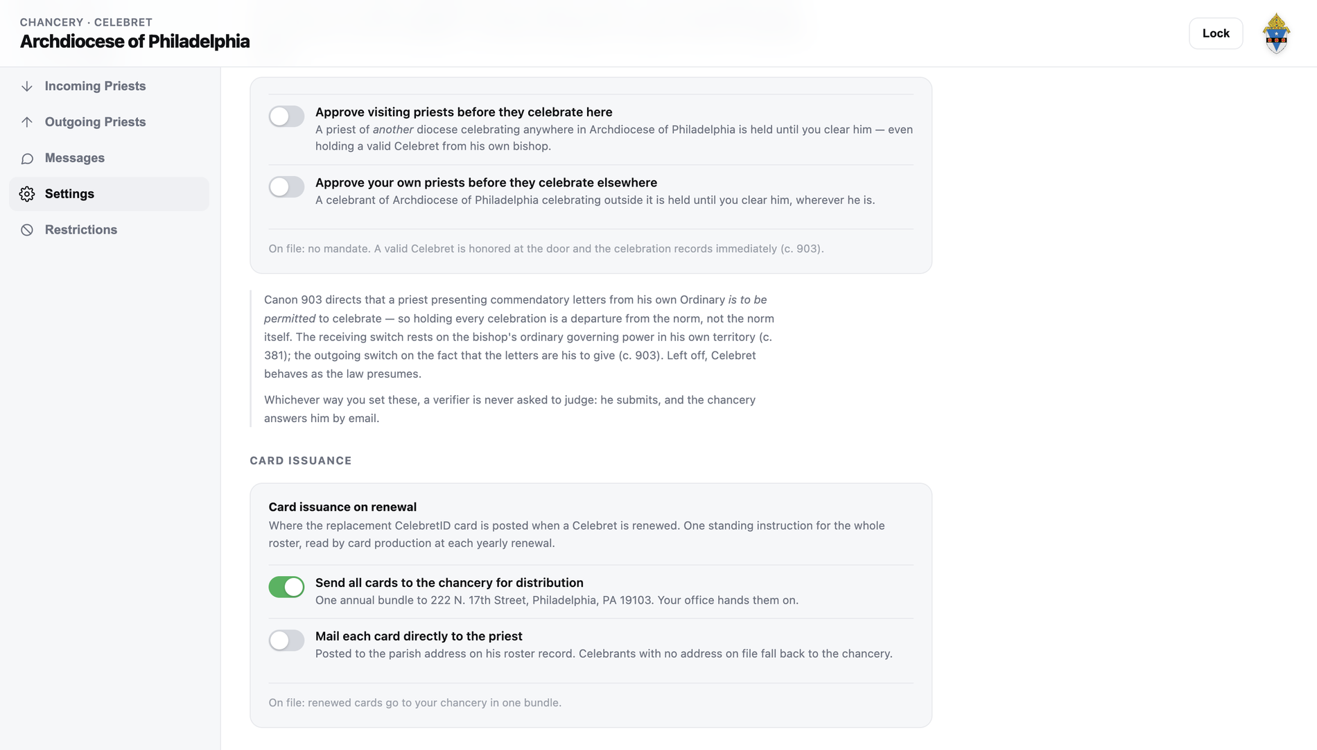 Chancery dashboard — switches for approving incoming and outgoing priests, and card issuance on renewal