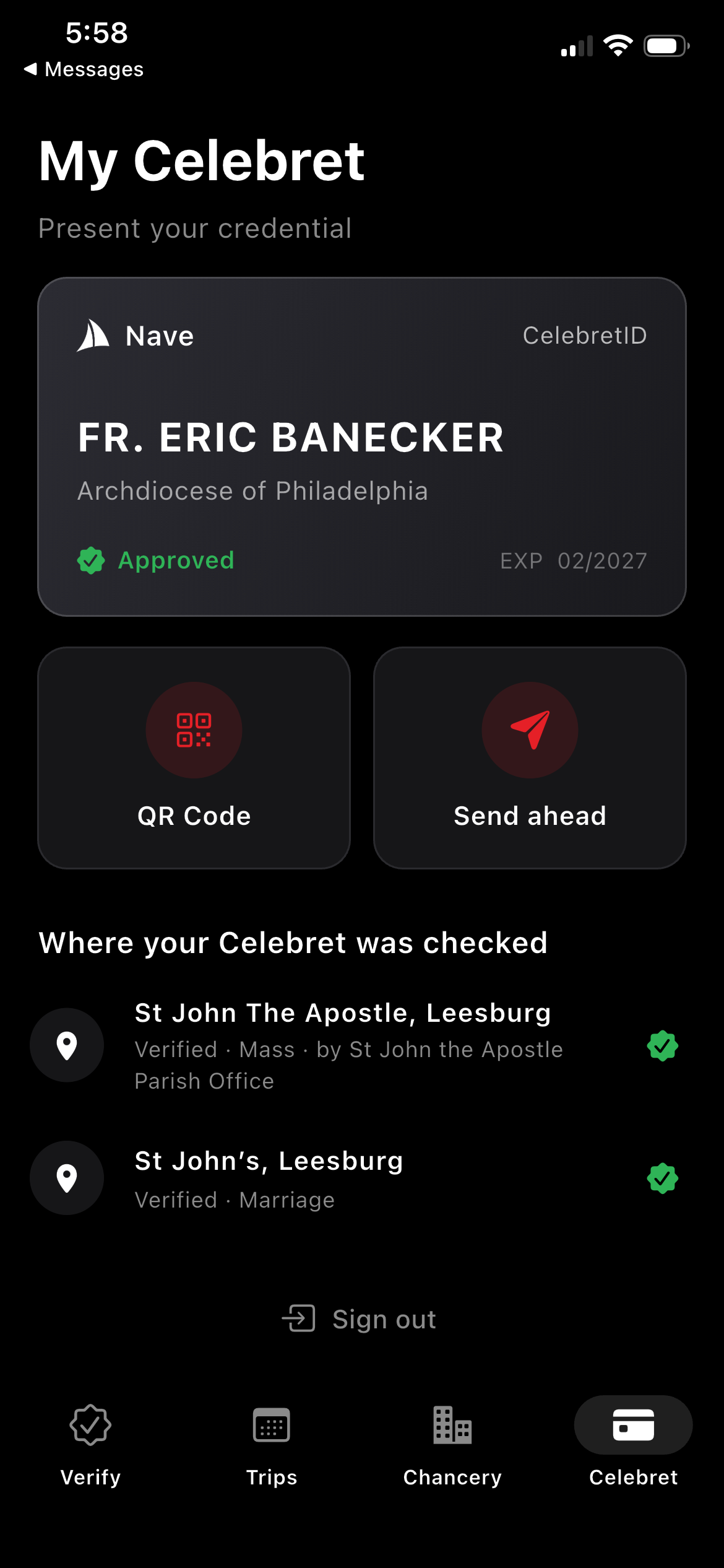 Celebret tab — credential card, QR and Send ahead tiles, personal verification history