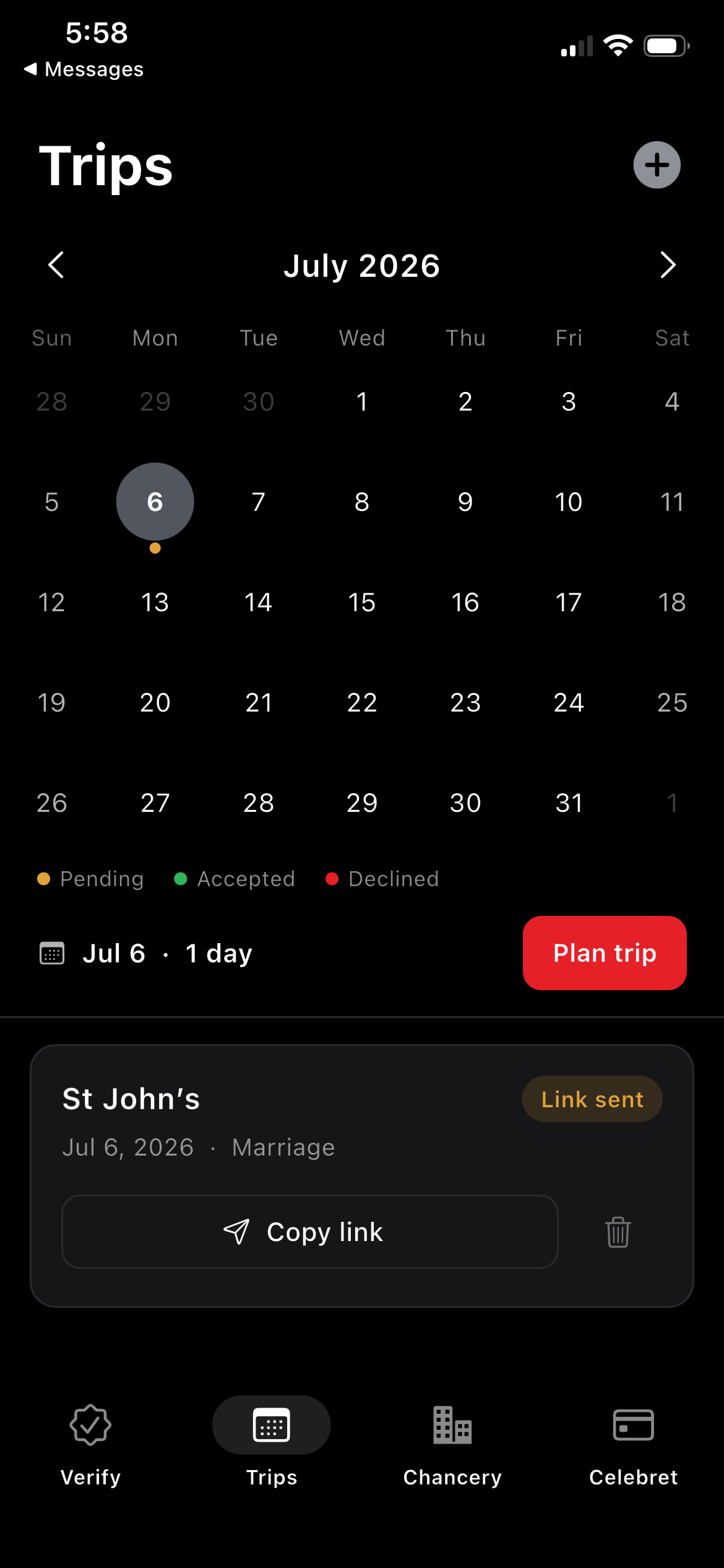 Trips tab — calendar of planned out-of-diocese visits