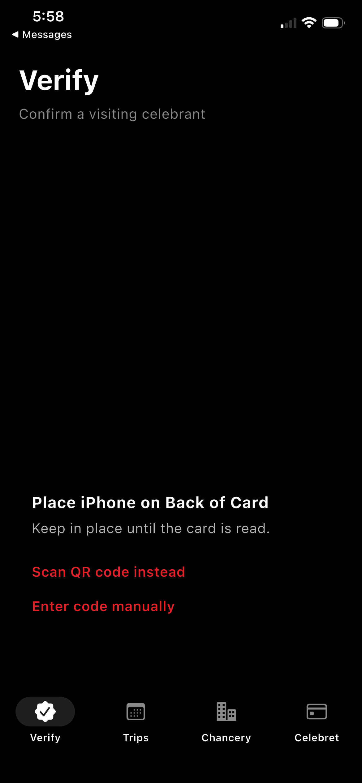 Verify tab — Wallet-style card animation teaching the back-of-card tap